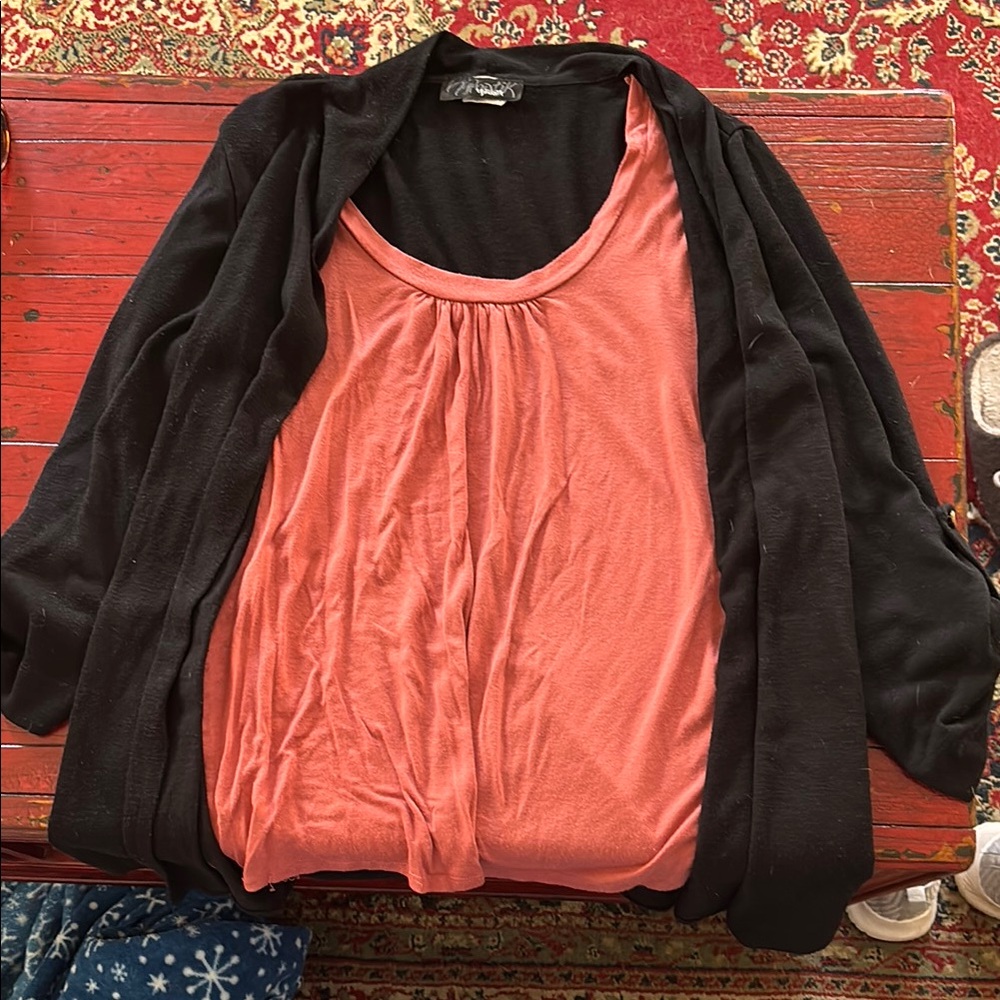 Black Cardigan with Coral Top